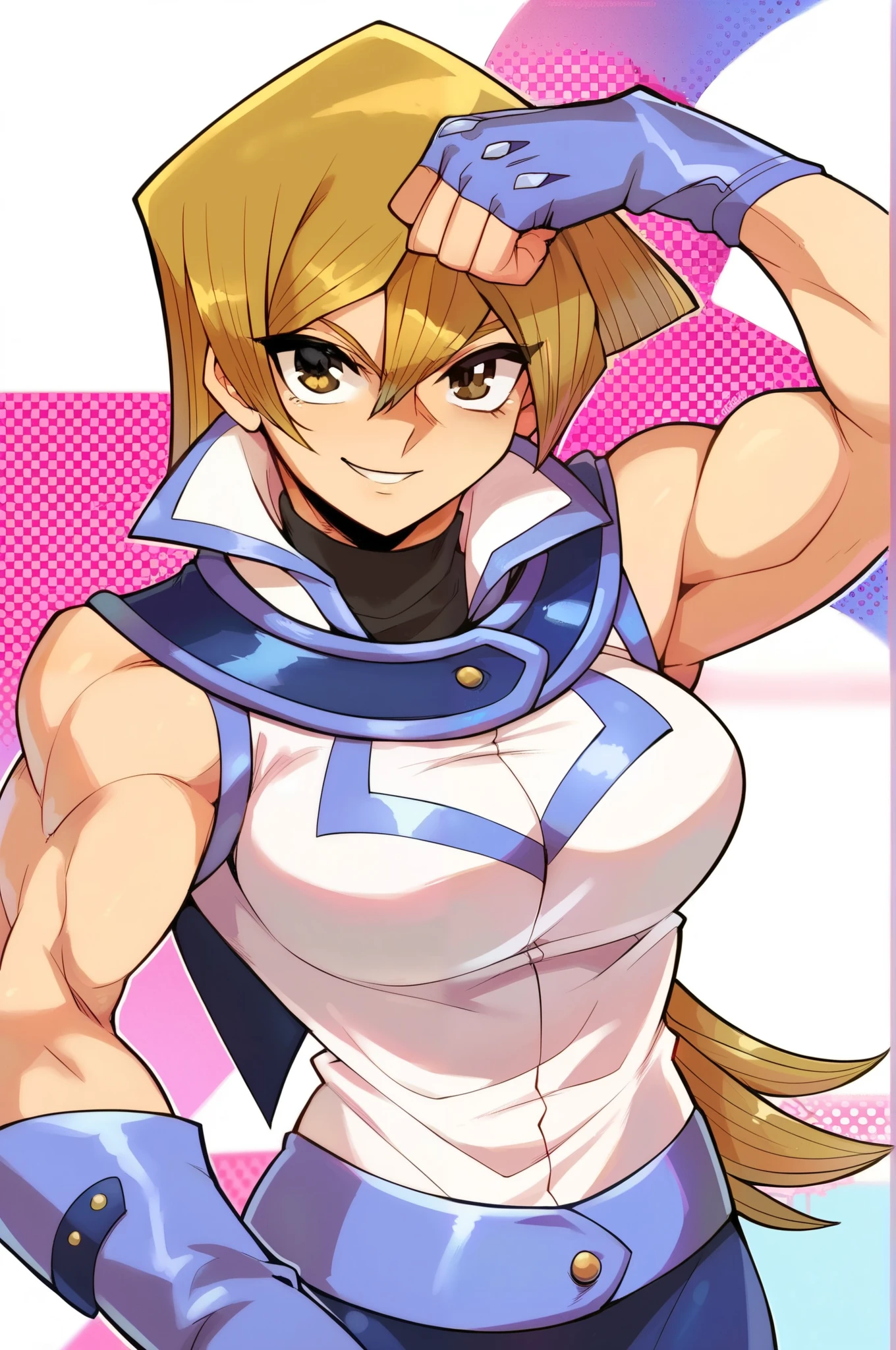 score_9, score_8_up, score_7_up, score_6_up, score_5_up, score_4_up, source_anime, Alexis Rhodes, Tenjouin Asuka, 203_wolves, Yu-Gi-Oh GX, 1girl, solo, muscular female, toned, flexing, biceps, blonde hair, obelisk blue uniform, smile