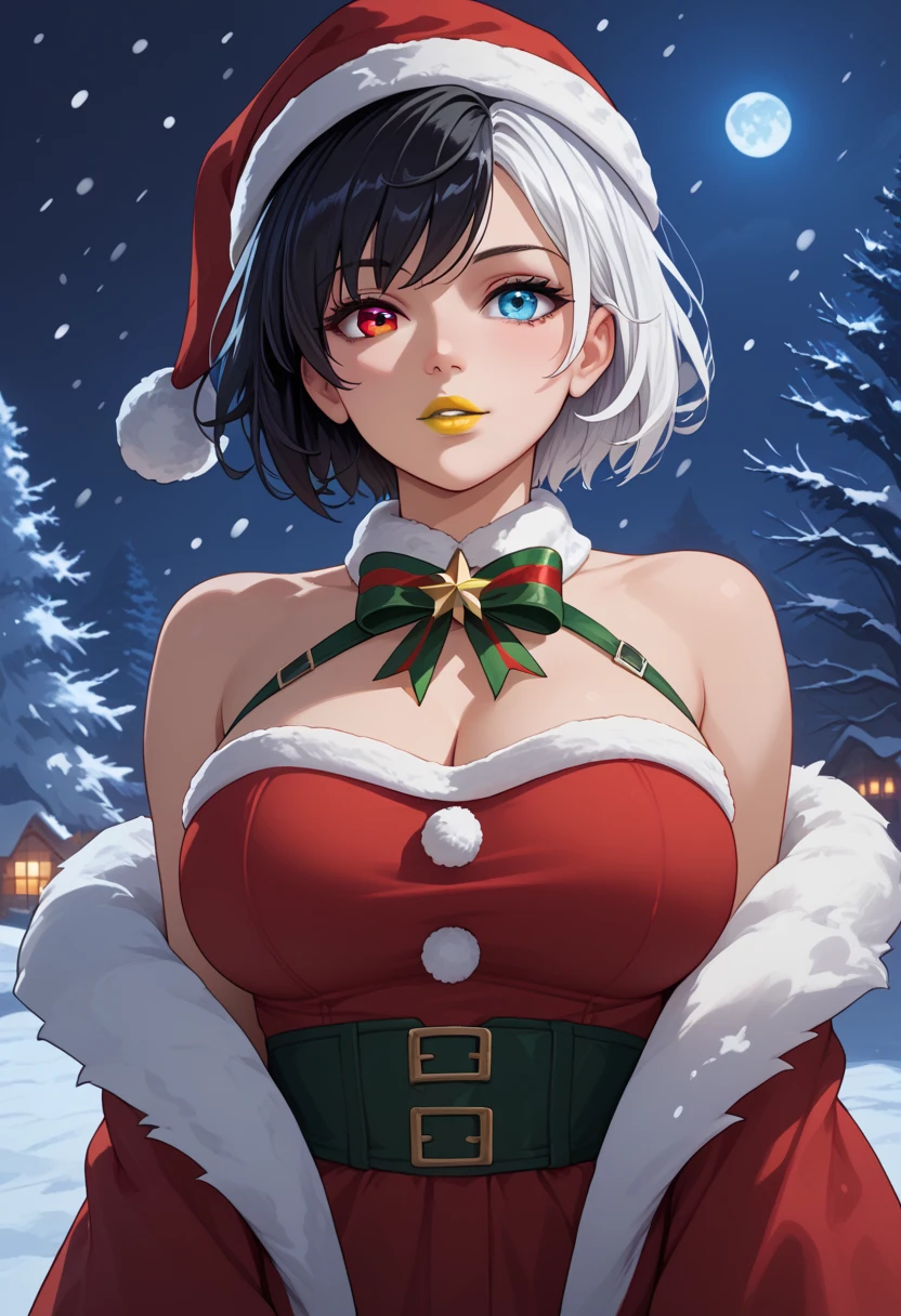 snowing at night, girl, solo, luna_snow, black hair, white hair, multicolored hair, short hair, blue eyes, brown eyes, multicolored eyes, heterochromia, christmas, christmas outfit, perfect face, beautiful eyes, looking at viewer, big breasts, yellow lipstick