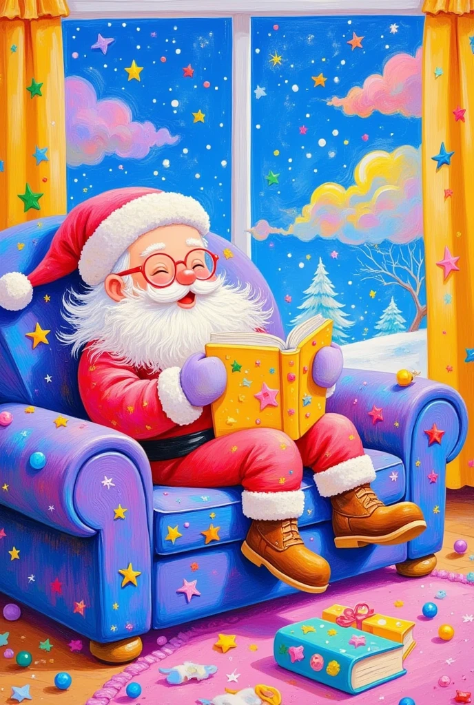 Oil painting, Christmas-themed background, a colorful Santa Claus lying on the sofa reading a book, wearing glasses and a pink hat with red-rimmed eyes, snowflakes falling outside the window, a happy expression, in a colorful cartoon style, with colorful clouds in bright colors, colorful , a cute smile, and warm light shining through the blue sky. The overall color tone is very lively, full of joy.