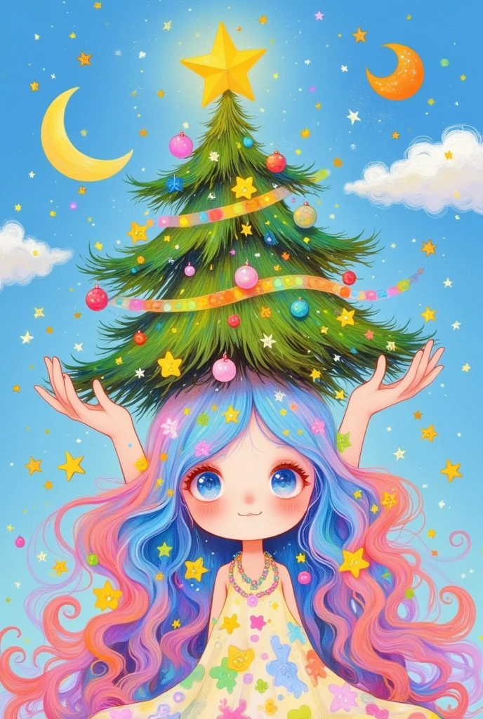 there is a cartoon girl with a christmas tree on her head, jen bartel, magical tree, seasons!! : 🌸 ☀ 🍂 ❄, colorfull illustration, a beautiful artwork illustration, with a tall tree, christmas tree, magic tree, fairy-tale illustration style, by JoWOnder, lady with glowing flowers dress, anime girl with cosmic hair, magical dress