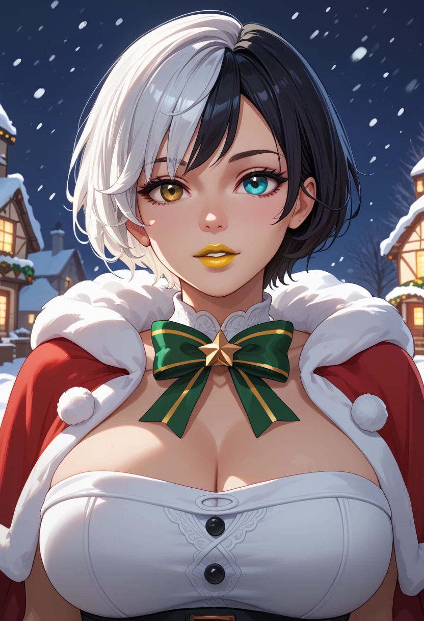 snowing at night, girl, solo, luna_snow, black hair, white hair, multicolored hair, short hair, blue and brown eyes, multicolored eyes, heterochromia, christmas, christmas outfit, perfect face, beautiful eyes, looking at viewer, big breasts, yellow lipstick