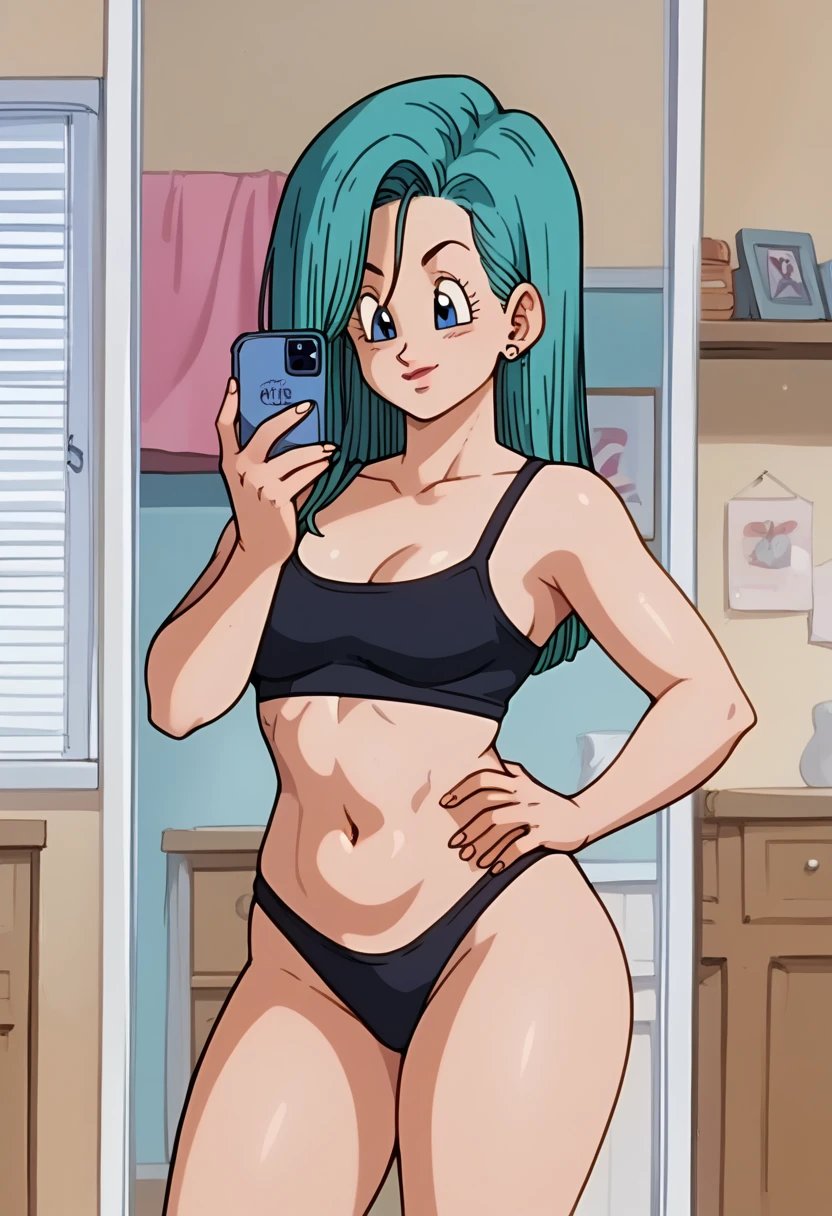 Bulma- short blue hair blue eyes medium breasts healed abdomen thick thighs panties black thighs black bra inside the bedroom sexy cell phone in the hand in front of the mirror thick thighs coxas grossas Grande