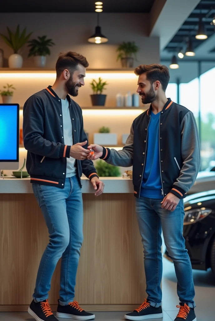 A man dressed in a blue shirt and jeans behind a counter in a store handing another man dressed in a varsity jacket, jeans and black and orange sneakers a car key. Modern and well-lit store background, there is a led computer on the counter