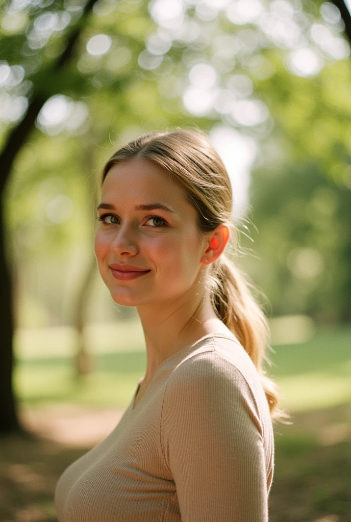 visage parfait, bokeh, fille, joyeuse, yeux parfait, bouche magnifique, cheveux blonds, chignon, se maquiller, assis dans la forêt, feuilles automne, lumière jaune couché de soleil, shooting photo, pose professionnelle, photographe professionnel