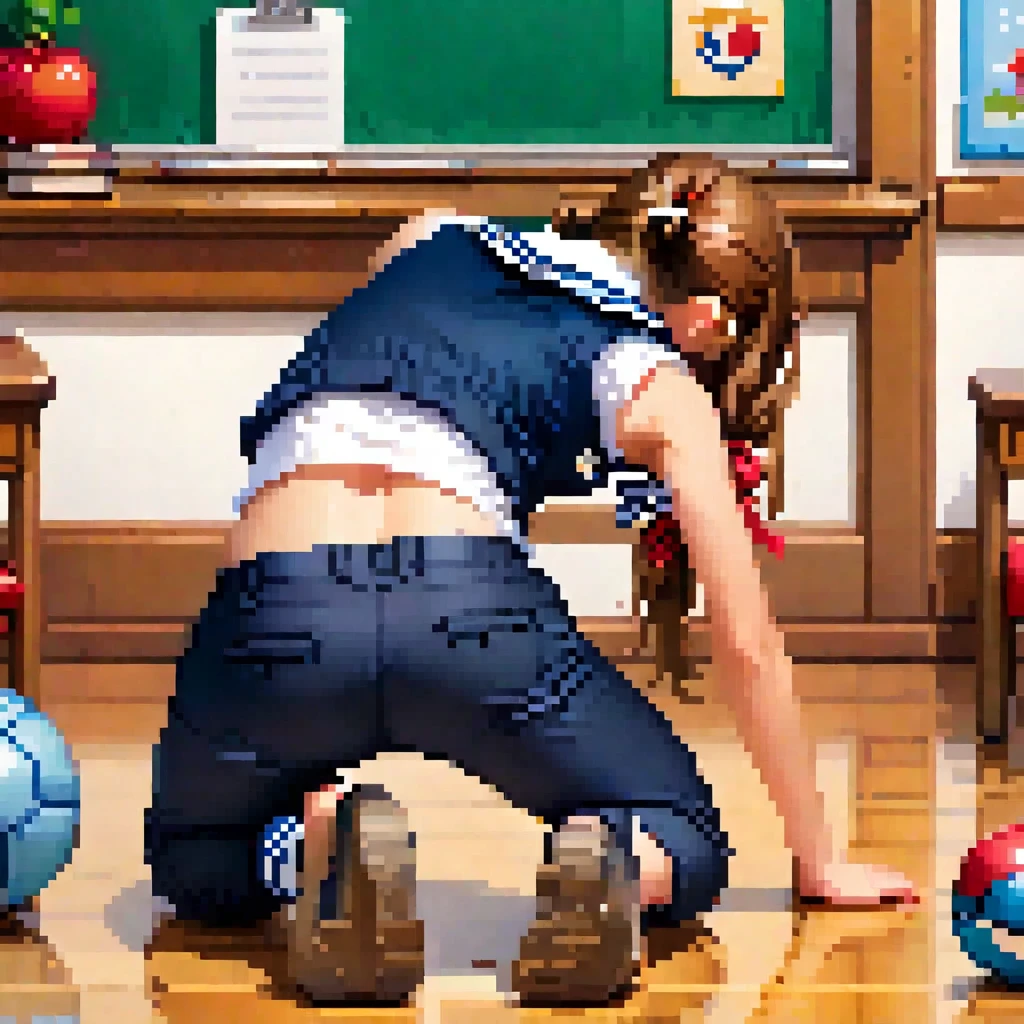 1girl, on all fours,
from behind,wearing School Sailor and jersey pants