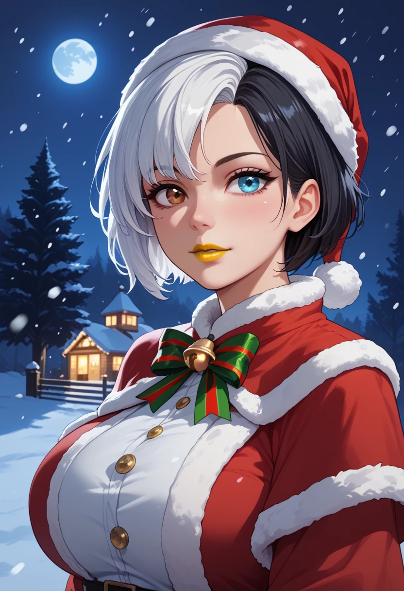 snowing at night, girl, solo, luna_snow, black hair, white hair, multicolored hair, short hair, blue and brown eyes, multicolored eyes, heterochromia, christmas, christmas outfit, perfect face, beautiful eyes, looking at viewer, big breasts, yellow lipstick