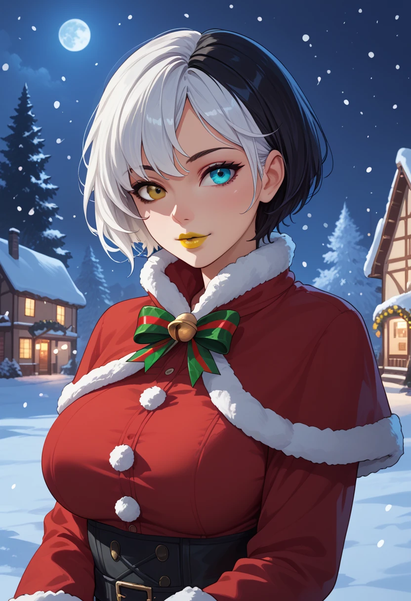 snowing at night, girl, solo, luna_snow, black hair, white hair, multicolored hair, short hair, blue and brown eyes, multicolored eyes, heterochromia, christmas, christmas outfit, perfect face, beautiful eyes, looking at viewer, big breasts, yellow lipstick