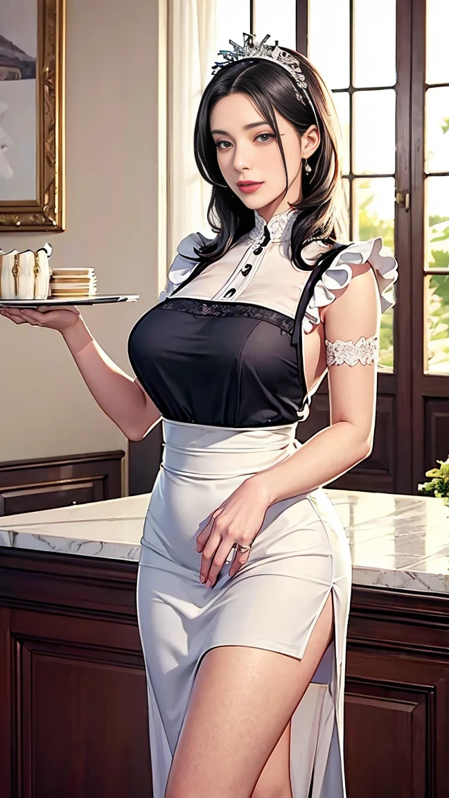 1girl, solo, mature female, dark hair, long flowing black hair, deep striking eyes, beautiful and alluring body, multiple piercings and tattoos, tall and statuesque, wearing glasses, wearing a black and white maid outfit with head maid insignia, elegant, wise, standing in a well-organized and clean room, natural light, managing household tasks, holding a clipboard, focused and calm expression, professional yet sensual appearance, commanding presence, directing other maids in the background. Tattoos: intricate floral tattoo on her left thigh, dragon tattoo wrapping around her right arm, delicate script tattoo on her lower back, lewd tattoo above her groin. Piercings: belly button piercing, ear piercings with multiple studs and hoops. Her expression should convey confidence and authority, emphasizing her role as head maid.
