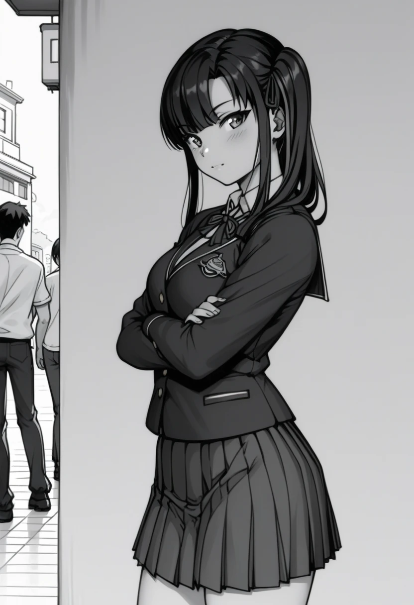 Sakura:  dressed in school uniform, with a very very short skirt,  vista inferior.  monochrome.