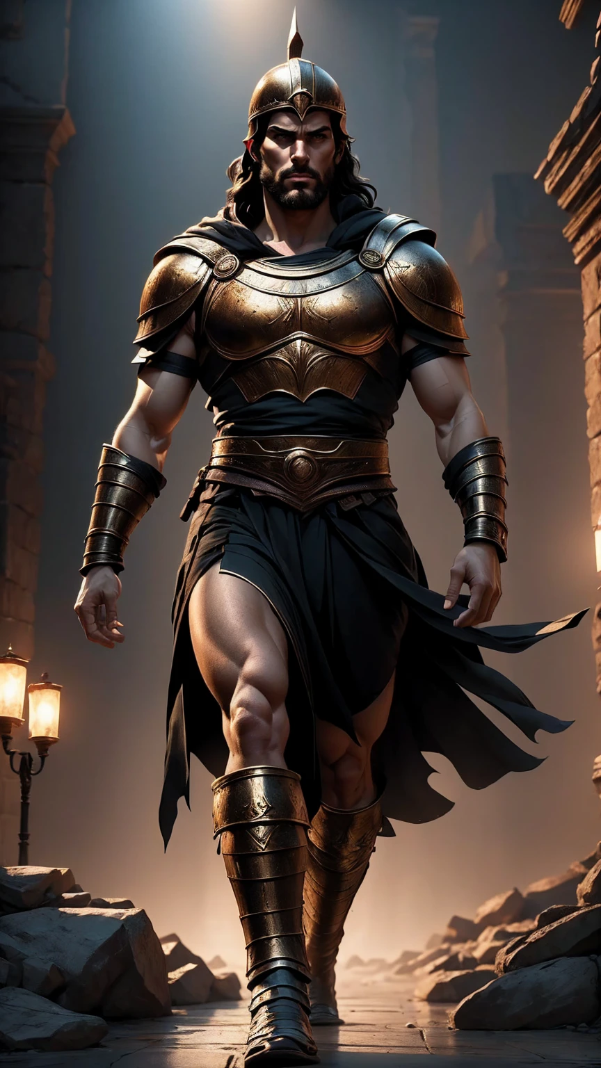 a 45 year old man, black hair, helmet ,prince of troy ,hector of troy, (best quality,4k,8k,highres,masterpiece:1.2),ultra-detailed,(realistic,photorealistic,photo-realistic:1.37),hyperrealistic,cinematic lighting,extremely detailed face and body,dramatic pose,epic scale,dramatic lighting,dark moody colors,chiaroscuro lighting,dramatic shadows, on the war, whole body, comic style, walking, in combat, show the feets