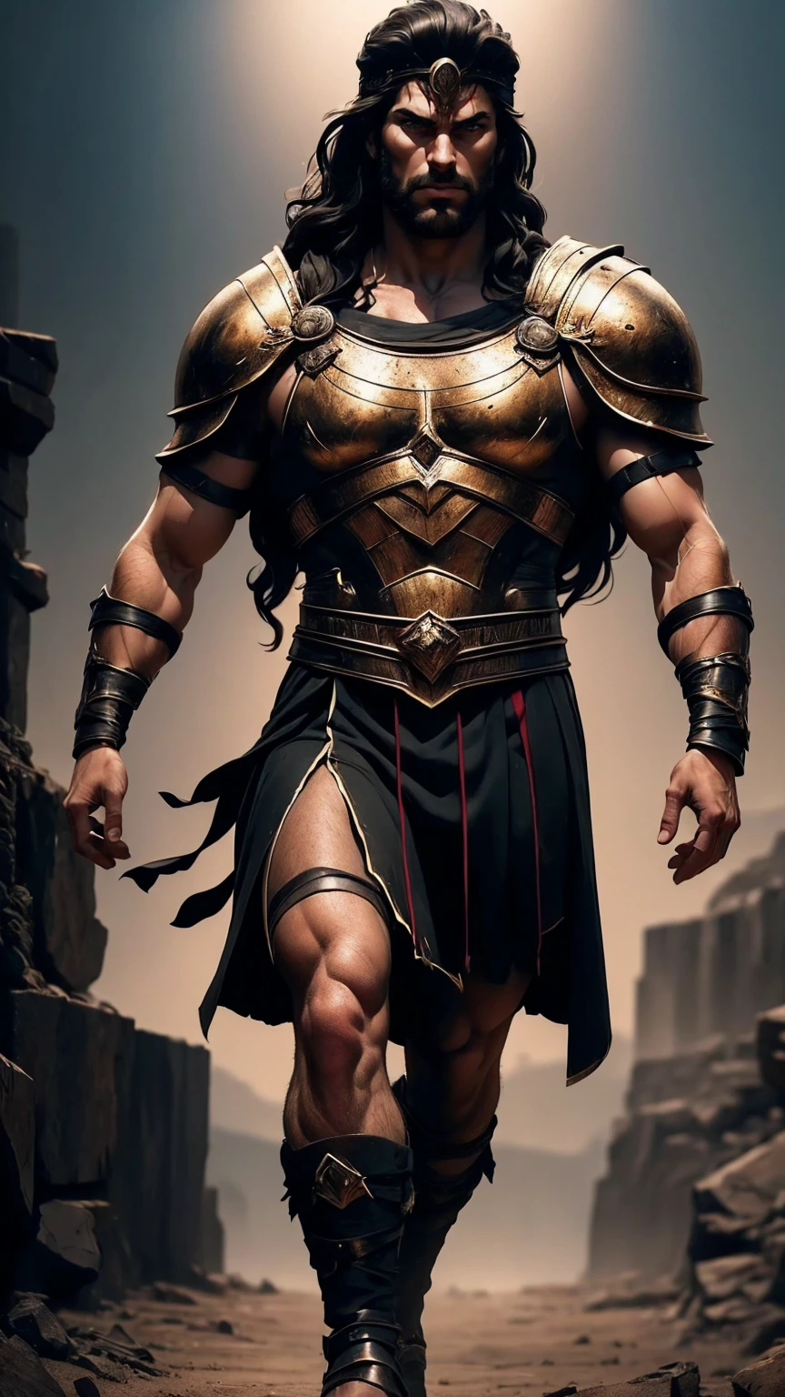 a 45 year old man, black hair, helmet ,prince of troy ,hector of troy, (best quality,4k,8k,highres,masterpiece:1.2),ultra-detailed,(realistic,photorealistic,photo-realistic:1.37),hyperrealistic,cinematic lighting,extremely detailed face and body,dramatic pose,epic scale,dramatic lighting,dark moody colors,chiaroscuro lighting,dramatic shadows, on the war, whole body, comic style, walking, in combat, show the feets