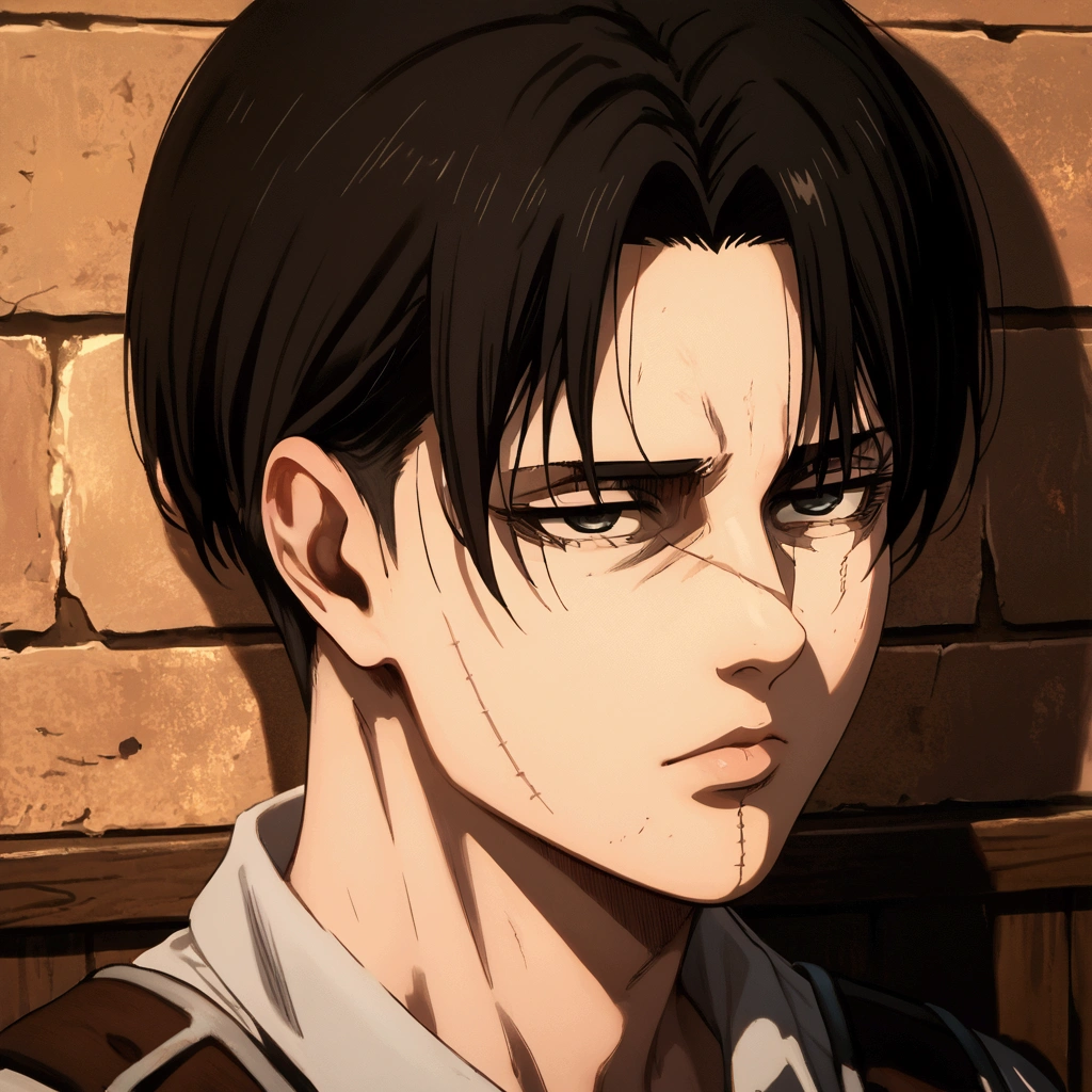 Levi Ackerman from Anime Attack on Titan, scar on his face, emotionless, Score_9, Score_8_up, Score_7_up, Score_6_up, Score_5_up, Score_4_up, Source_anime, Tag1, Tag2, Quality_masterpiece, Anatomically correct,  face, Perfect face, Highly detailed  face and eyes,  face, Detailed face, Delicate facial features, Detailed skin, focus on his face,black hair, 