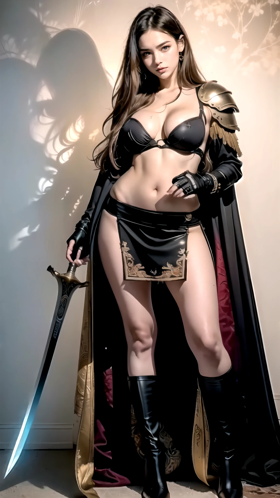  masterpiece , 最佳quality,  high detail,   medieval fantasy ，castelovania， beautiful warrior ，  Red Eyes ，small mouth，fringe,   long hair, head jewelry，  ，  wearing a black dress ， belly， Black cloak ，   black armor gloves  ，  black armor shoes  ，  Moon Stripe Design  ， masterpiece ，  Shining All Over the Body  ，Hand sword ，  It is very detailed ， Appear in the Moonlight  ，quality, glow effect , , 
([long hair hair]:1.8), (full body:1.8), (upper body up:0.3), (hyper realistic:1.4), (realistic:1.3), (best quality real texture skin), Detailed eyes, detailed face, PERSEPHONE, persephone, (SFW:1.5) Hyperrealistic, LESS saggy , (SMALL :1.5), (HUGE LEGS:1.5), (LESS THIGHS:1.5),  perfect legs ,  perfect legs , pernas added, pernas added e perfeitas,  shapely legs, toned thighs, pernas added, Smooth thighs. (  pose :1.5), (thick eyebrows:1.2), (big purple eyes:1.2), ( ultra detailed eyes:1.4), ( High-resolution eyes :1.1), ( ultra detailed skin texture:1.4), (Beautiful toned body:1.1),  