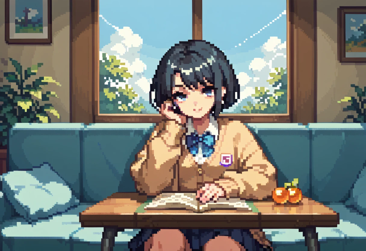  pixel art、solo,2D, beautiful illustration ,from front,throw,lounge,Sitting facing the Viewer on a square table, looking at viewer,School uniform, Cardigan,black hair ,short hair,bags、Sofa,Window、 big window