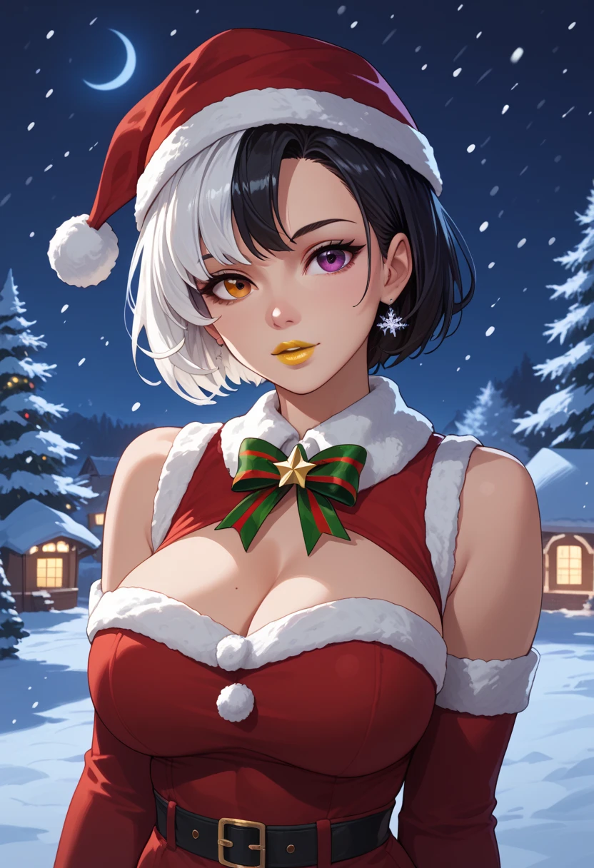 snowing at night, girl, solo, luna_snow, black hair, white hair, multicolored hair, short hair, blue and brown eyes, multicolored eyes, heterochromia, christmas, christmas outfit, perfect face, beautiful eyes, looking at viewer, big breasts, yellow lipstick