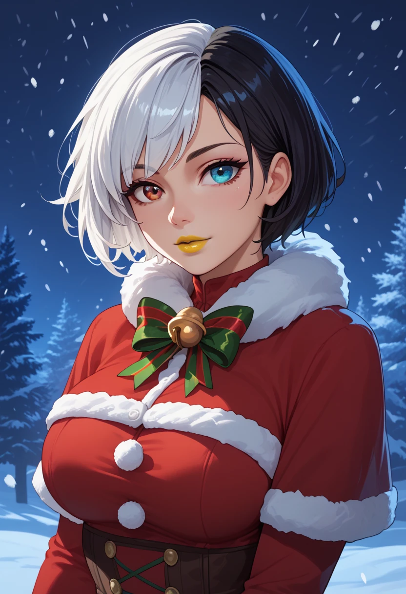 snowing at night, girl, solo, luna_snow, black hair, white hair, multicolored hair, short hair, blue and brown eyes, multicolored eyes, heterochromia, christmas, christmas outfit, perfect face, beautiful eyes, looking at viewer, big breasts, yellow lipstick