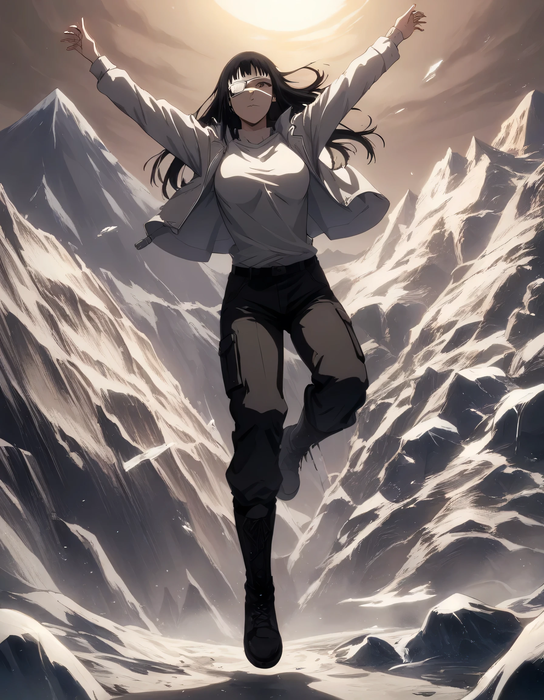 score_9, score_8_up, score_7_up,score_6_up,high resolution,source_anime,s0fiavalm3t,1girl,eyepatch,black hair,long hair,mountain,ice,volumetric lighting,rim lighting,dof,dramatic shadow,full body,dynamic pose,looking at viewer,pov,suspended in air, wearing open winter white jacket with black t-shirt,military black pants,military boots,