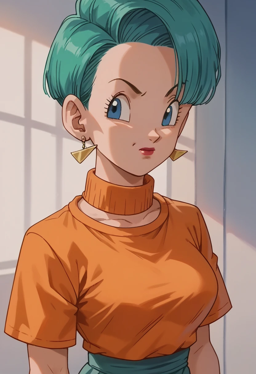 Bulma- short blue hair blue eyes short hair Blue blue eyes taking photos only of the face medium and large breasts