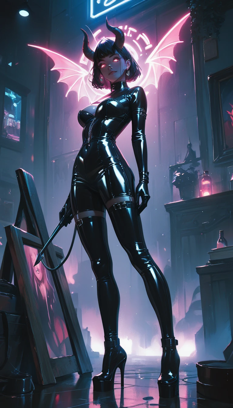 score_9, score_8_up,score_7_up, score_6_up, score_5_up, score_4_up, demon woman standing in dark hallway, blue skin, horns, black sclera, bob cut, large curved horndetailed face,detailed eyes, elf woman