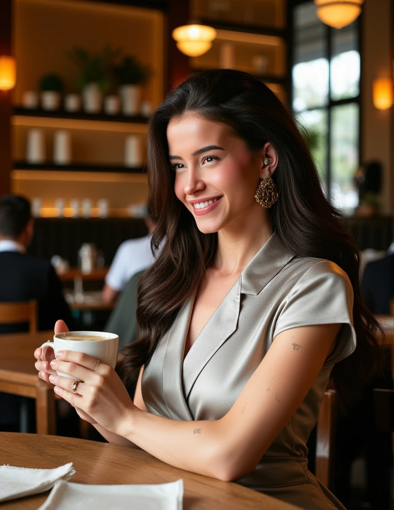 L'image est une photographie d'une femme aux cheveux longs, makeup, portant une robe moulante debout de profil dans un café. face au spectateur, regardant le spectateur, sourire