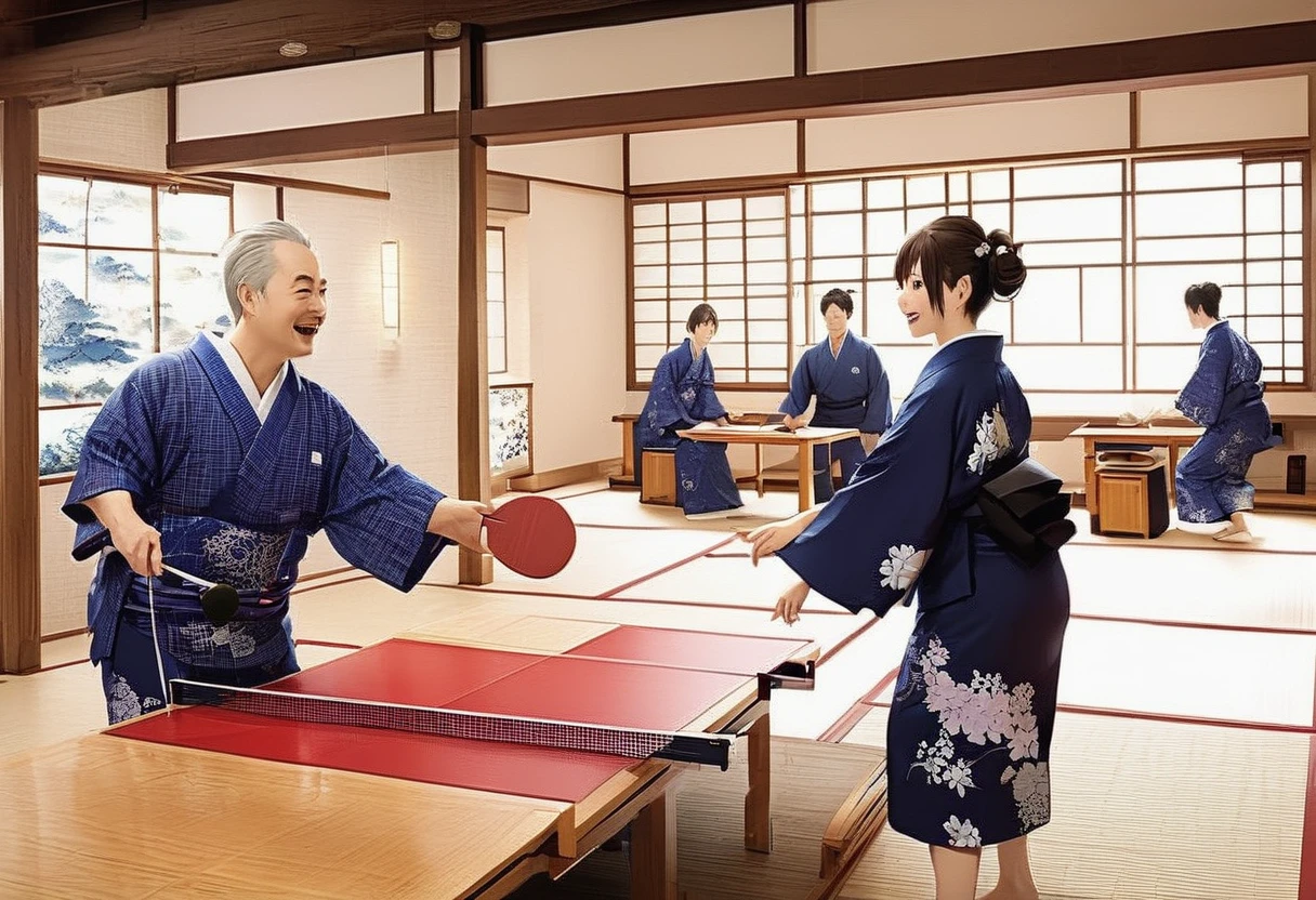 Anime, theme is "Japanese Yukata", after taking a bath at a hot spring inn, middle-aged men and women play table tennis in their yukatas in the recreation room, they look like they're having fun, the cheap yukatas with the inn's name printed on them create a nice atmosphere, close-up on the happy expressions of the men and women playing table tennis, 8K quality