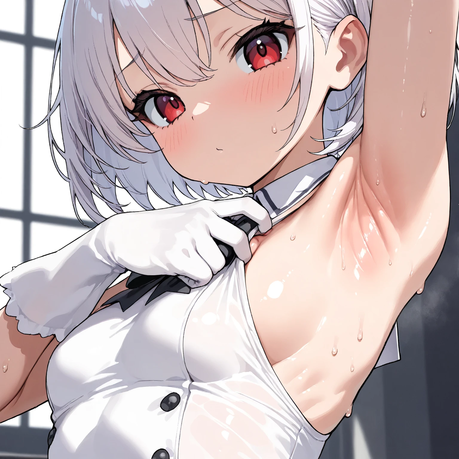 (Best Masterpiece, HDR, 2k, High Quality) 1 girl, white long gloves, white hair, short hair, red eyes, cute girl, kawaii girl, digust expression ((Armpits, Showing Armpits, Detailed Armpits, Shiny Armpits, More Detailed Armpits, Armpits Crease, Perfect Armpits, Zoom In Armpits, Side Armpits, sweat armpits)) 