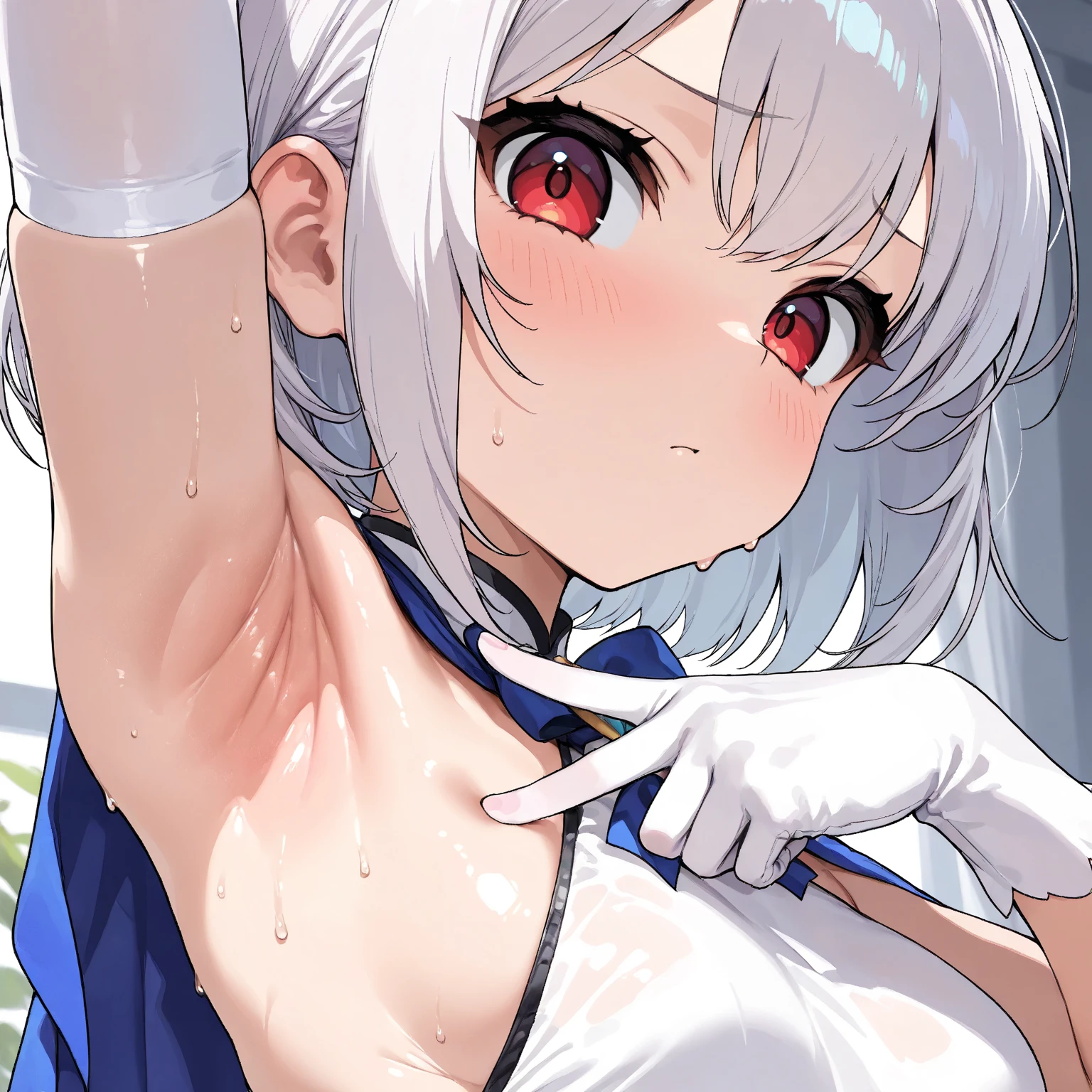 (Best Masterpiece, HDR, 2k, High Quality) 1 girl, white long gloves, white hair, short hair, red eyes, cute girl, kawaii girl, digust expression ((Armpits, Showing Armpits, Detailed Armpits, Shiny Armpits, More Detailed Armpits, Armpits Crease, Perfect Armpits, Zoom In Armpits, Side Armpits, sweat armpits)) 