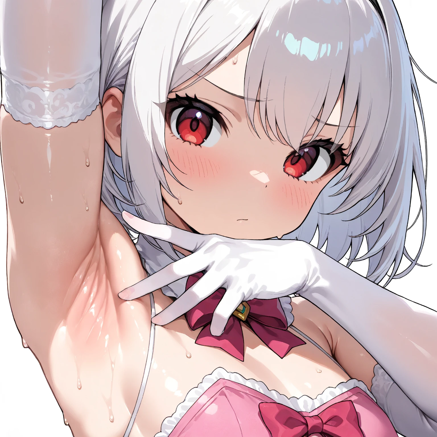 (Best Masterpiece, HDR, 2k, High Quality) 1 girl, white long gloves, white hair, short hair, red eyes, cute girl, kawaii girl, digust expression ((Armpits, Showing Armpits, Detailed Armpits, Shiny Armpits, More Detailed Armpits, Armpits Crease, Perfect Armpits, Zoom In Armpits, Side Armpits, sweat armpits)) 