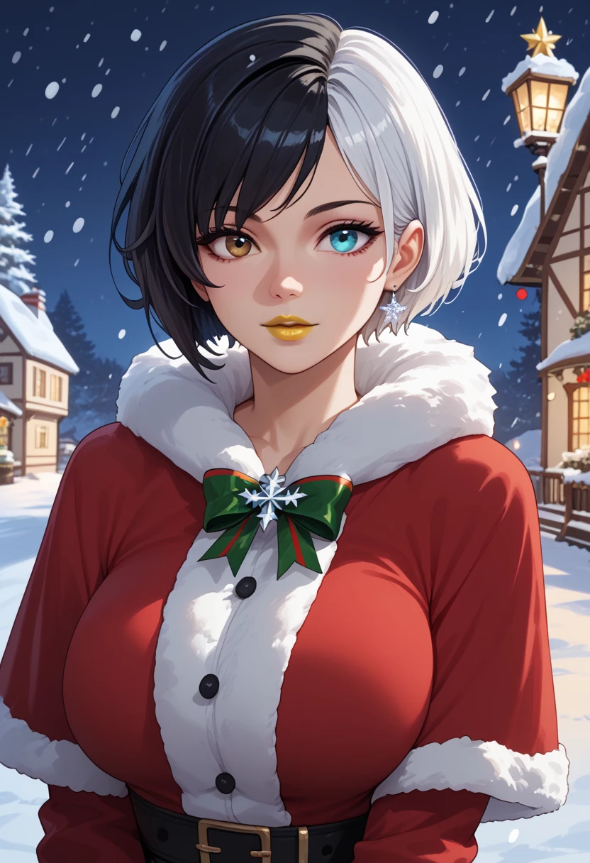 snowing at night, girl, solo, luna_snow, black hair, white hair, multicolored hair, short hair, blue and brown eyes, multicolored eyes, heterochromia, christmas, christmas outfit, perfect face, beautiful eyes, looking at viewer, big breasts, yellow lipstick