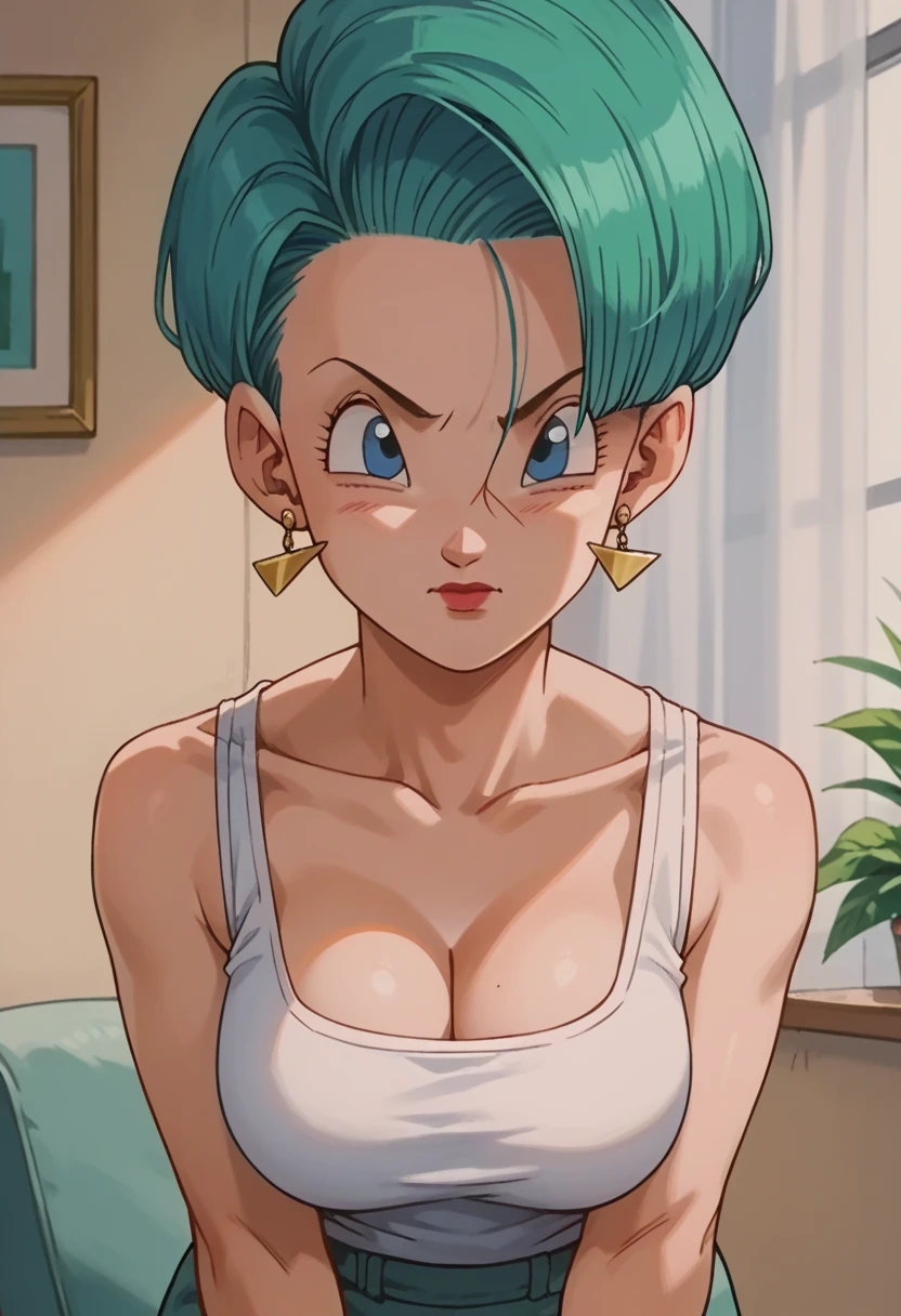 Bulma- short blue hair blue eyes short hair Blue blue eyes taking photos only of the face medium and large breasts sexy