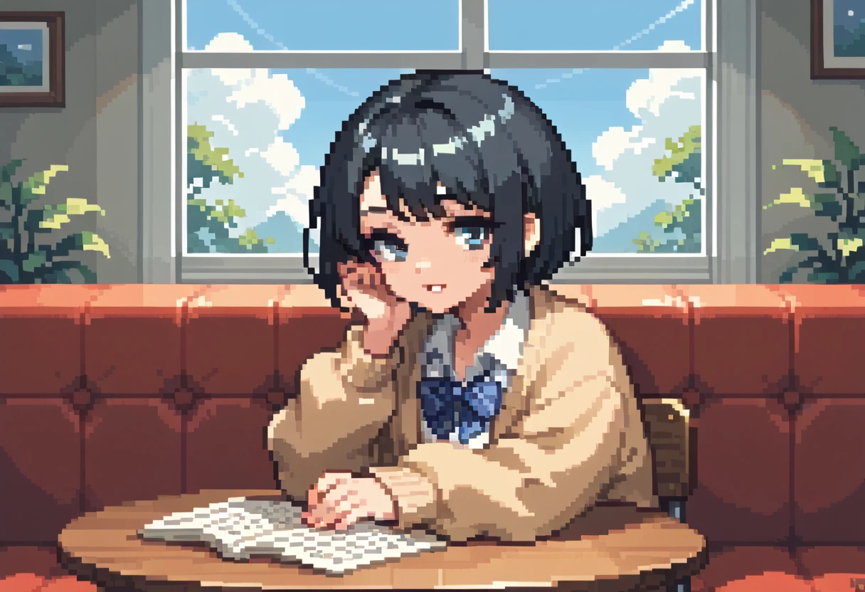  pixel art、solo,2D, beautiful illustration ,close up face,detailed face,from front,throw,lounge,Sitting facing the Viewer on a square table, looking at viewer,School uniform, Cardigan,black hair ,short hair,bags、Sofa,Window、 big window