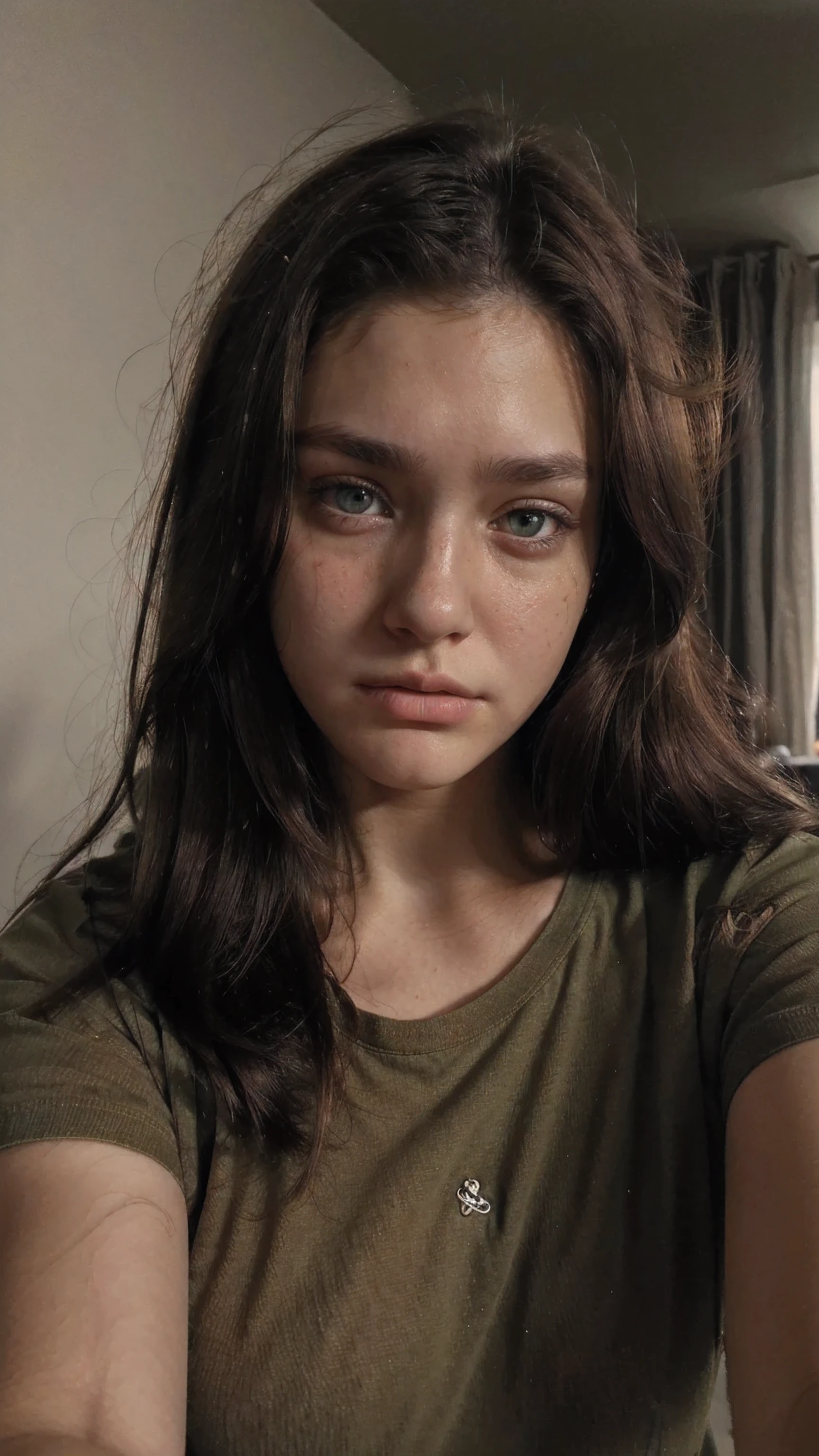 18 years old, selfie, green eyes, brown hair, oversized shirt, perfect soft skin, no imperfections, taking a selfie picture, (((detailed face))), sad look, dark environment