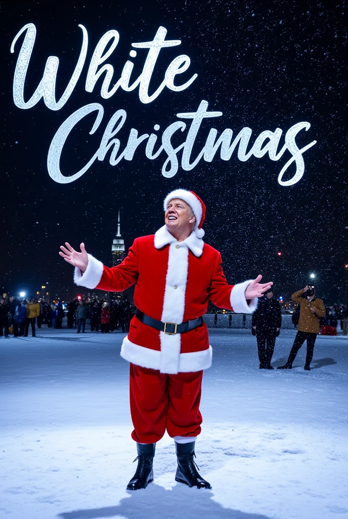  Writing silver Italic letter, "White Christmas", writing upper screen, Look up at the sky, standing pose, full body ,open hands, 1 man , name is Donald Trump,  (blue short hair, blue eye ,smile),  Santa Claus costume,  Santa hat and shoes, fall snow, White Christmas, in New York , night, (masterpiece, highest quality, High resolution, Photo realistic, sharp, RAW Photos, wallpaper, perfection, Professional Lighting, Very detailed)