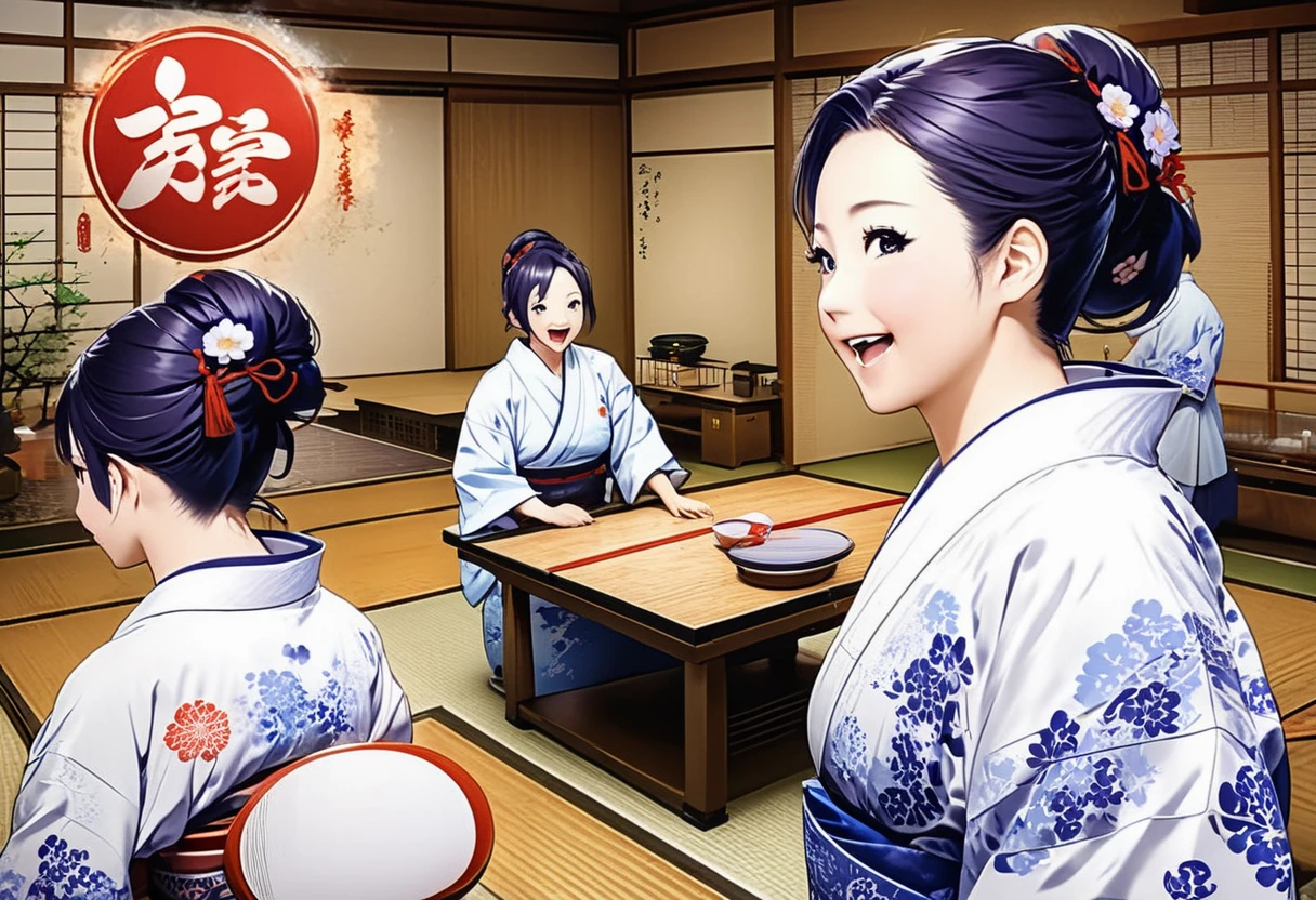 Anime, theme is "Japanese Yukata", after taking a bath at a hot spring inn, middle-aged men and women play table tennis in their yukatas in the recreation room, they look like they're having fun, the cheap yukatas with the inn's name printed on them create a nice atmosphere, close-up on the happy expressions of the men and women playing table tennis, 8K quality