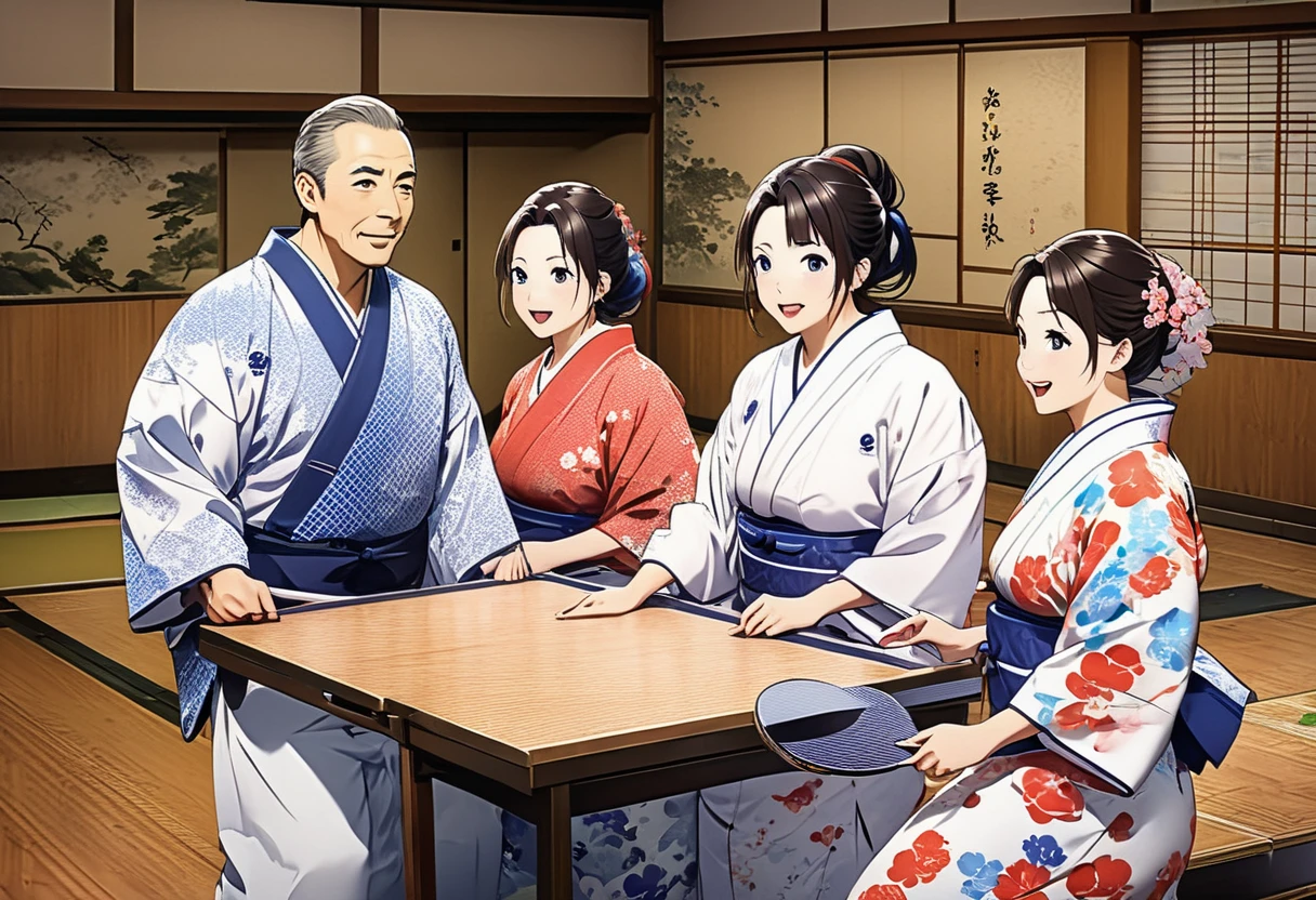 Anime, theme is "Japanese Yukata", after taking a bath at a hot spring inn, middle-aged men and women play table tennis in their yukatas in the recreation room, they look like they're having fun, the cheap yukatas with the inn's name printed on them create a nice atmosphere, close-up on the happy expressions of the men and women playing table tennis, 8K quality