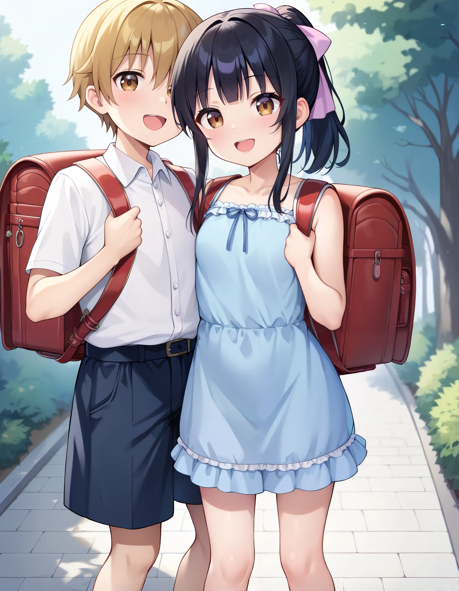Masterpiece, hd, 2d, anime, couple, different body height, 2 persons, ((1boy, tall body, Asian boy, cute kawaii boy, black straight hair and brown eyes)), ((1girl,(l1ttlegirl), short body, Slender body, small breasts, thing leg, Asian girl, kawaii portrait, cute kawaii girl, short girl, short body height, (l0li in dress), black ponytail hair and brown eyes, hair ribbon)), wearing casual clothes,smile, standing, outdoor, wearing Randoseru backpack, looking at viewer