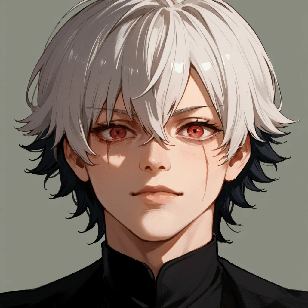 Ken Kaneki from Anime tokyo ghoul, scar on his face, Score_9, Score_8_up, Score_7_up, Score_6_up, Score_5_up, Score_4_up, Source_anime, Tag1, Tag2, Quality_masterpiece, Anatomically correct,  face, Perfect face, Highly detailed  face and eyes,  face, Detailed face, Delicate facial features, Detailed skin, focus on his face,white hair, red eyes, crazy expression, 