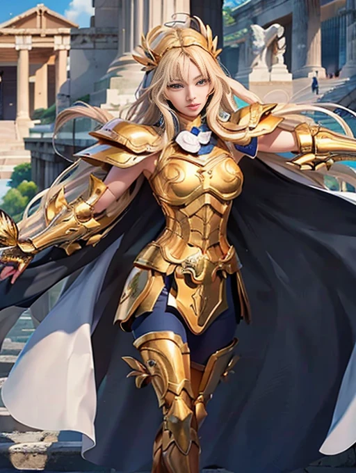 full body picture Unreal Engine 5 8K UHD a woman in golden armor holding a sword and standing in front of a column, golden goddess athena, blonde goddess, angelic golden armor, golden armor, light golden armor, golden goddess , goddess venus athena, stunning goddess giant shot, elegant gold armor , gold armor, roman goddess, extremely detailed goddess, gold armor, greek goddess athena, bright heaven environment, best quality, masterpiece