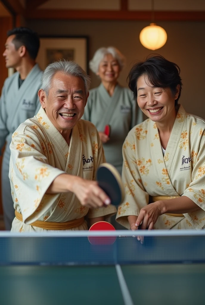 Anime, theme is "Japanese Yukata", after taking a bath at a hot spring inn, middle-aged men and women play table tennis in their yukatas in the recreation room, they look like they're having fun, the cheap yukatas with the inn's name printed on them create a nice atmosphere, close-up on the happy expressions of the men and women playing table tennis, 8K quality