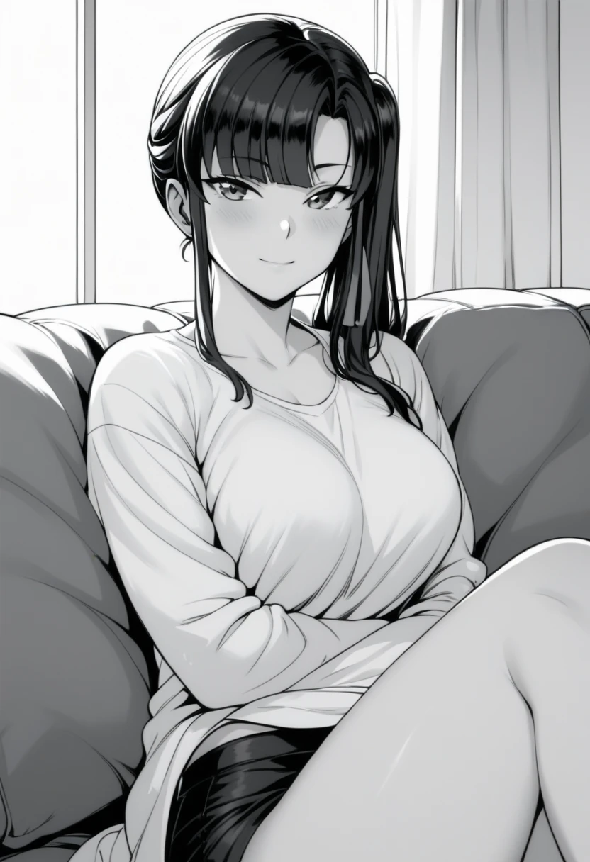 Sakura :  Sitting on the couch gesturing with her hands.  monochrome. linear design
LinhaAniaf .