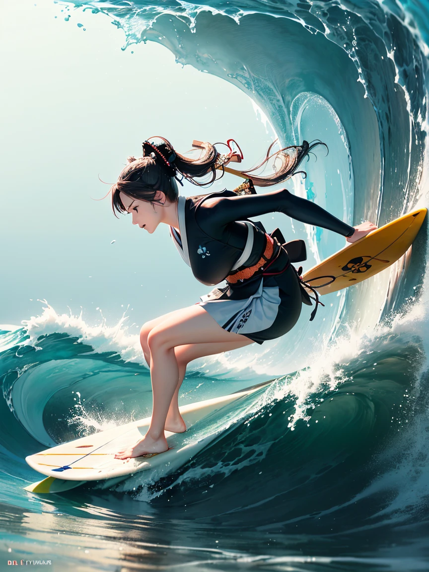 The highest quality，Masterpiece grade 8K wallpaper，2.5D style，1 girl surfing on the sea，Beach in the background，There are coconut trees，Asuka wears a yellow and blue surf suit，Ride your surfboard over the waves，Inspired by Rudy Siswantto，author: Rudy Siswantto，CG Community Works - W1024-N8-I，Event promotion rendering，Stunning digital artwork，hd wallpaper，smooth anime cg art。