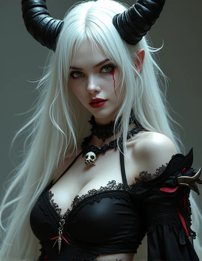 Gothic, Super vibrant music lights, female, 1girl, solo, human,Caucasian woman, woman, ((pale skin, red eyes)), (straight hair, long hair, white hair), black lipstick, black eye shadow, make-up, beautiful, black nails , piercings, pierced ears, wearing long robe, black robe