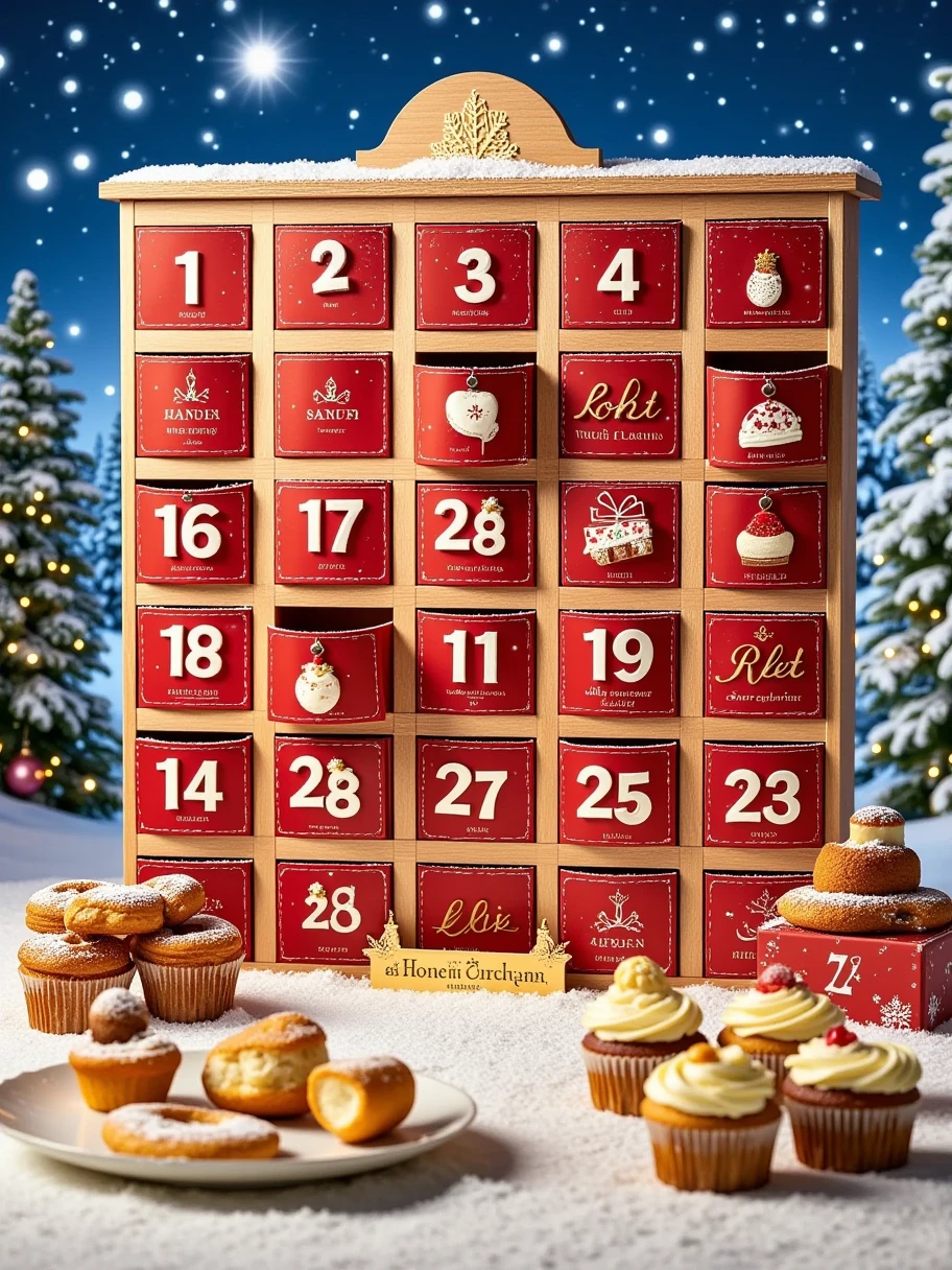 Giant christmas calendar with 24 numbered boxes (1, 2, 3, 4, 5, 6, 7, 8, 9, 10, 11, 12, 13, 14, 15, 16, 17, 18, 19, 20, 21, 22, 23, and 24) in a Christmas setting with snow and many baked goods like Manalas, Moricettes, and Christmas cupcakes