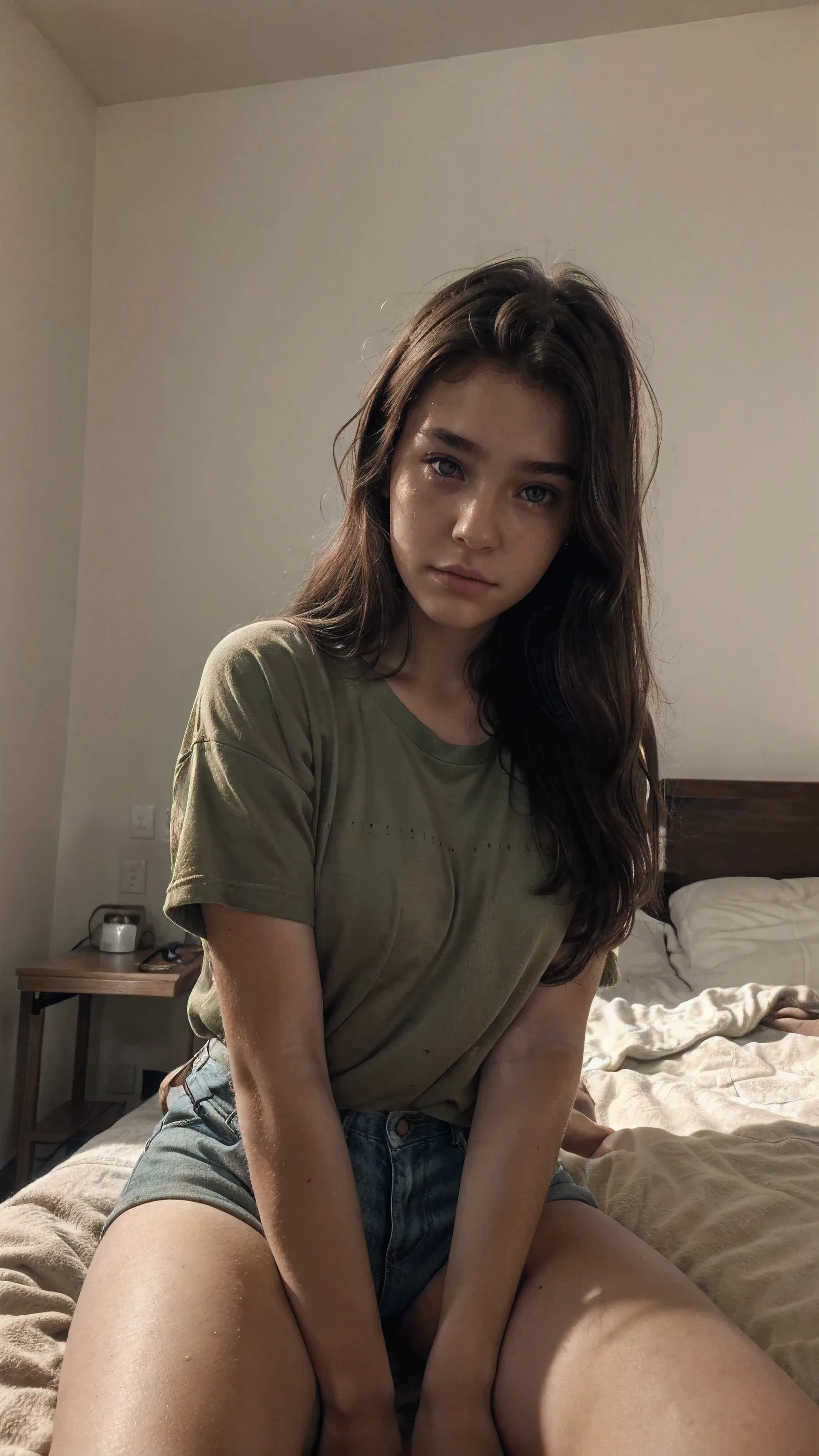 18 years old, selfie, green eyes, brown hair, oversized shirt, perfect soft skin, no imperfections, taking a selfie picture, (((detailed face))), sad look, dark environment, no moles, short shorts, sitting on bed