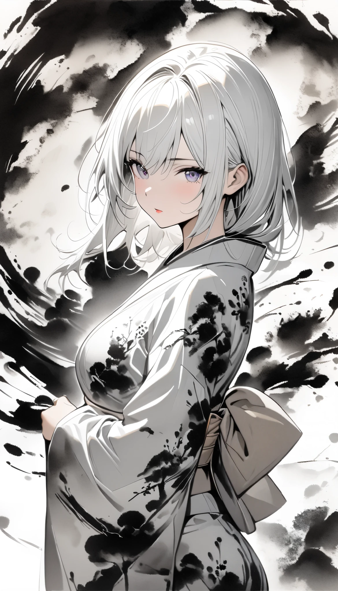 (masterpiece:1.2), ( top quality :1.2),  super high res,  very detailed,  girl, yukata, White Face, (Ink painting, Black and White:1.4), I have a spider lily