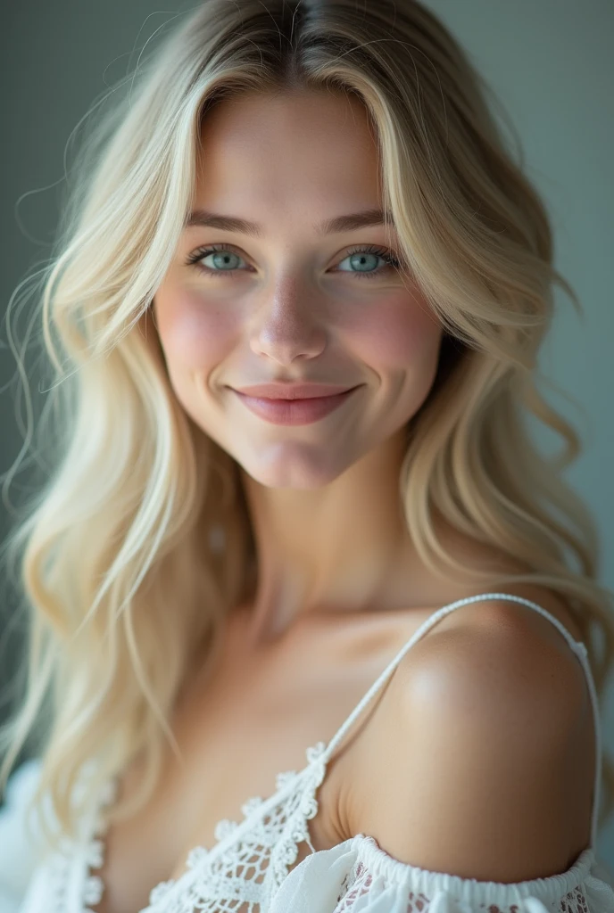 A 19-year-old woman with straight blonde hair, clear skin, light brown eyes, thick, pink lips, angelic beauty, hypnotizing smile, a mole on the cheek, a sweet aura and a unique look, with a charismatic personality