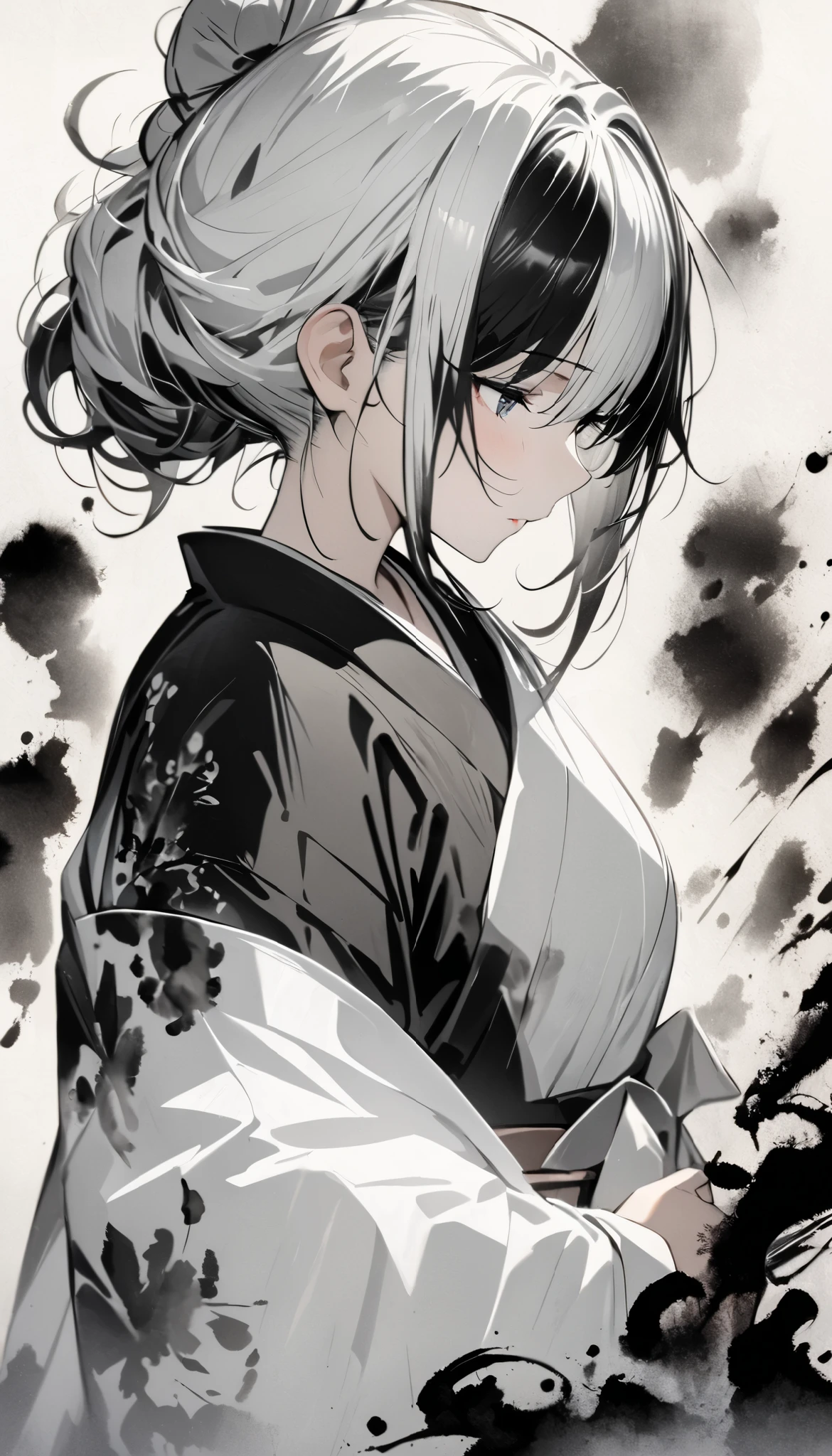 (masterpiece:1.2), ( top quality :1.2),  super high res,  very detailed,  girl, yukata, White Face, (Ink painting, Black and White:1.4), I have a spider lily