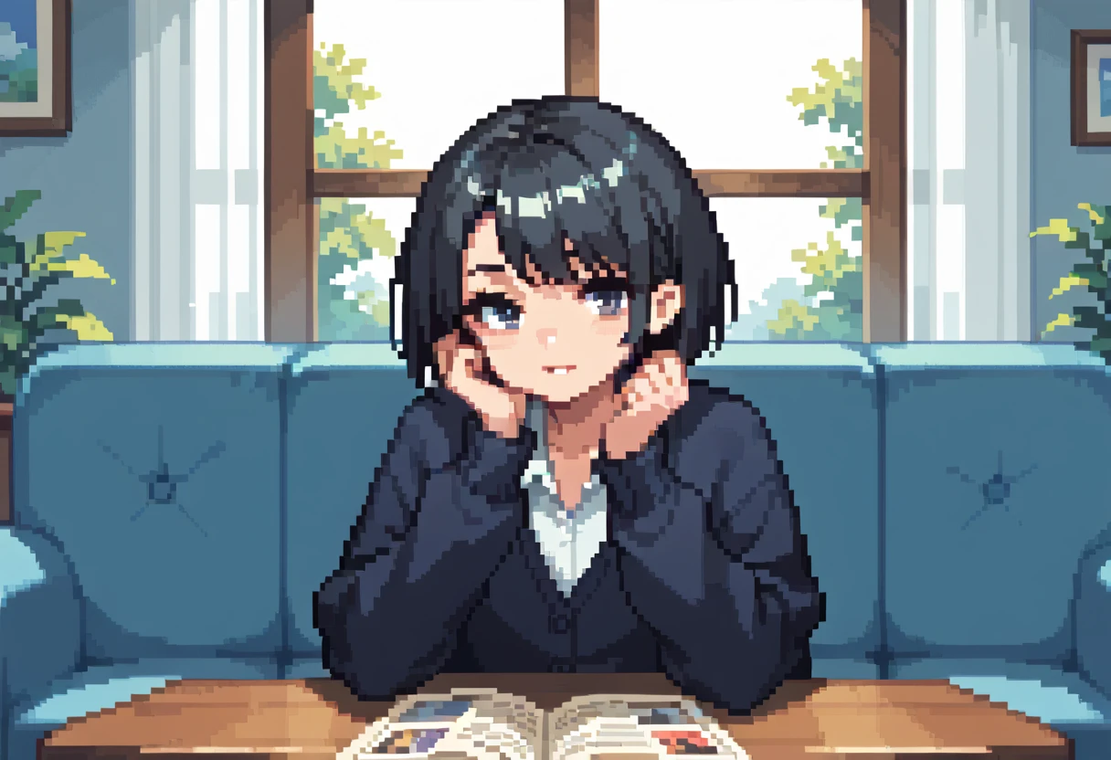  pixel art、solo,2D, beautiful illustration ,close up face,detailed face,from front,from adove,throw,lounge,Sitting facing the Viewer on a square table, looking at viewer,School uniform, Cardigan,black hair ,short hair,bags、Sofa,Window、 big window