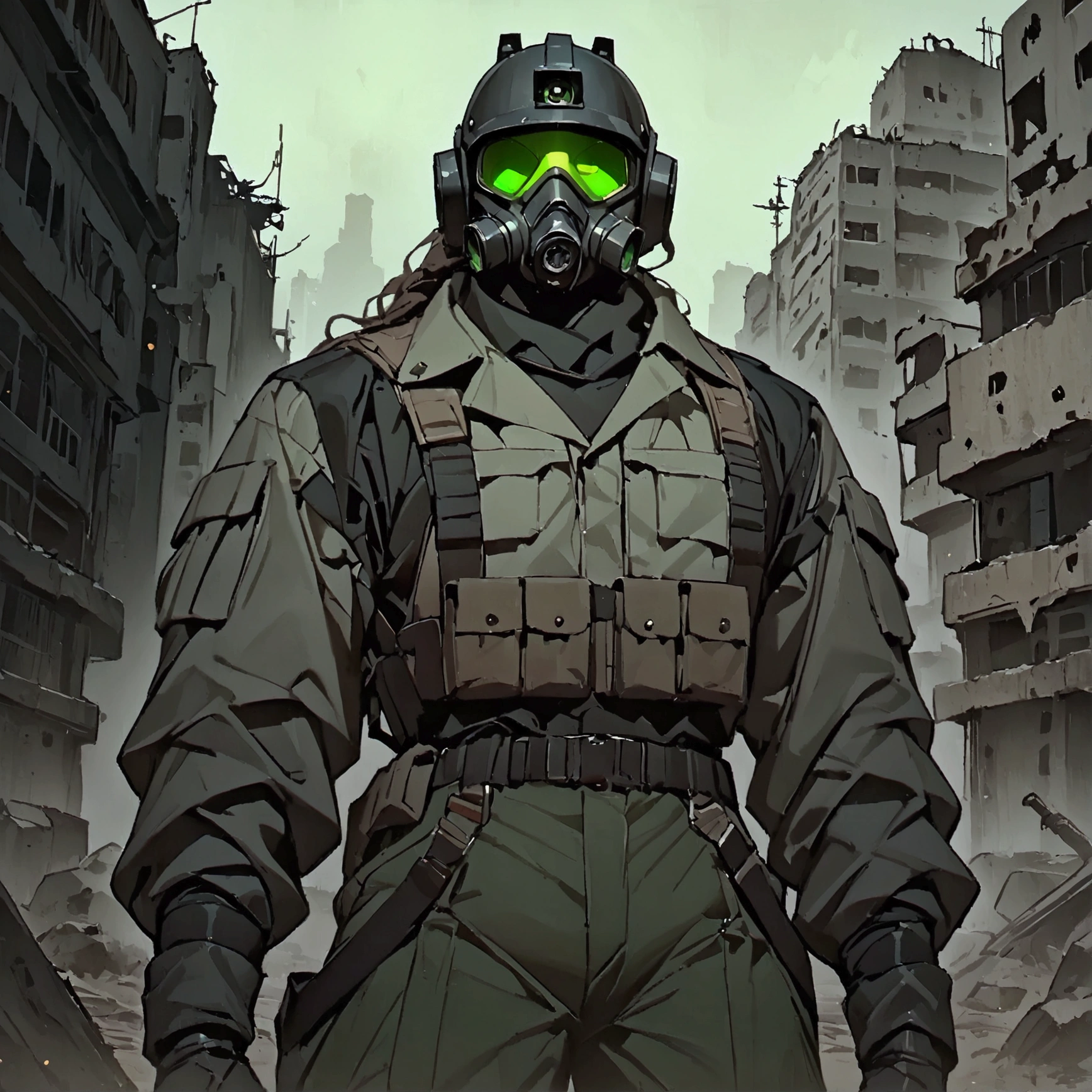 masterpiece, newest, absurdres, safe, high detailed, masterpiece. high detailed, black helmet, green lenses gas-mask, grey coat, black shirt, and baggy cargo pants. Faceless, mechanical features like mask and limbs. Post-apocalyptic ruined city background with dark, low-key lighting. overcoat, sci-fi soldier. coat flowing with the wind, Upperbody. Male, No hair, Cool, Epic soldier, Powerarmor helmet. Full helmet