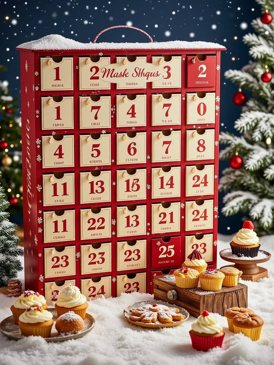 Giant christmas calendar with 24 numbered boxes (1, 2, 3, 4, 5, 6, 7, 8, 9, 10, 11, 12, 13, 14, 15, 16, 17, 18, 19, 20, 21, 22, 23, and 24) in a Christmas setting with snow and many baked goods like Manalas, Moricettes, and Christmas cupcakes